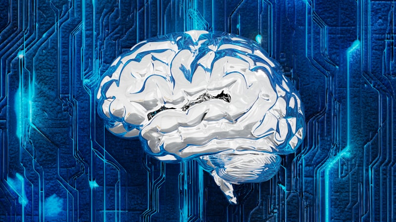 Arte digital abstrata de um cérebro com circuitos eletrônicos, simbolizando inteligência artificial