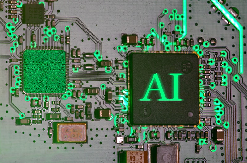 Chip de inteligência artificial iluminado sobre placa de circuito